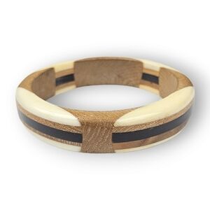VINTAGE Mod Bangle Bracelet Colorblock Bovine Bone Horn Wood Geometric ~8.25"